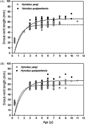 Figure 3.  Growth curves for males (A) and females (B) of Hynobius yangi (open dots and dotted line) and Hynobius quelpaertensis (solid dots and solid line). The growth curves were fitted to von Bertalanffy's growth equation.