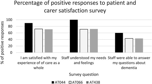 Figure 2. Percentage of positive responses (quite/very satisfied) to patient and carer satisfaction survey.