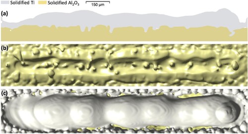 Figure 9. Interlayer interface shape and surface shape after solidification of a single track (L = 100 W, V = 400 mm/s and Ma = 1,913) (a) is taken from the cross-section A-A in Figure 2. (b) and (c) are observations from viewing angle II and viewing angle Ⅰ, respectively.