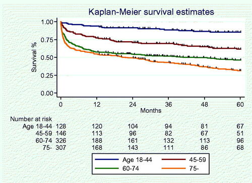 Figure 5. Kaplan–Meier 5-year survival for patients depending on age at diagnosis.