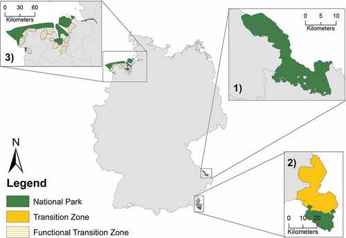 Figure 2. Map of Germany with the three areas: (a) Bayerischer Wald: National Park since 1970 and BR between 1981–2007; (b) Berchtesgadener Land: National Park since 1978 and BR since 1990; (c) Niedersächsisches Wattenmeer: National Park since 1986, biosphere reserve since 1992, and World Heritage Site since 2009.