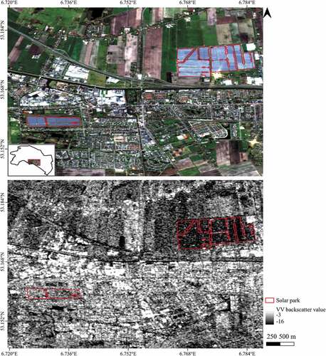 Figure 3. RGB Sentinel-2 imagery showing a part of the test area with the location of solar park panels on top. Backscatter imagery of the VV mode from March 2021 in the bottom.