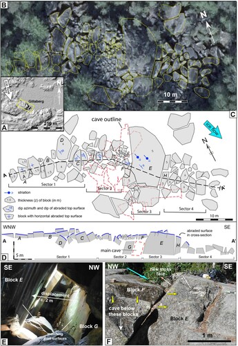 Figure 3. Gillbergagrytet: disrupted roche moutonnée with fracture cave. (A) Setting of Gillbergagrytet, shaded relief map © Lantmäteriet. (B) Orthophoto, © Lantmäteriet, with outline of blocks. (C) Map, based on orthophoto and field work. Height (in m) of selected blocks indicated; dip azimuth and dip of selected blocks shown. Approximate outline of cave indicated after Sjöberg (Citation1994). (D) WNW-ESE cross-section, with noted abraded surfaces shown. Line of section on (A). Some blocks are lettered for cross-referencing and mentioned in text. (E) Cave interior: fracture surfaces of blocks E and G match and show displacement of block E. (F) Oblique stoss-side of block E, with relative subsidence of block F. Figure © Svensk Kärnbränslehantering AB.