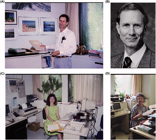 Figure 2. (A) Harold Atwood in his office as Chair of the Department of Physiology at the University of Toronto. (B) Formal photo of Harold Atwood as Chair of the Department of Physiology at the University of Toronto. (C) Jenny Katsoulakos. (D) Alma Cull.