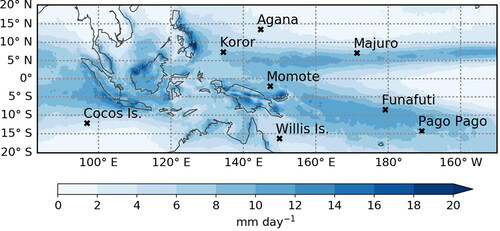 Fig. 1. Locations of the IGRA sounding stations. The coloured contours show the mean precipitation (in mm day–1) during November-February 1998-2014, calculated using the Tropical Rainfall Measuring Mission (TRMM) 3B42 data.