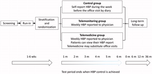 Figure 1. Schematic representation of the REMOTE trial. During the run-in period, secondary hypertension is excluded and HBP level will be assessed for 7 or more days. Patients will be stratified by center during the run-in period. Intervals between office visits (and telemedicine appointments) are decided between the practitioner and the patient. The maximum duration of the treatment period is 6 months.