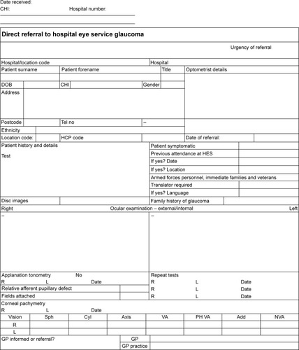 Figure 3 Glaucoma form for direct referral to hospital eye services.