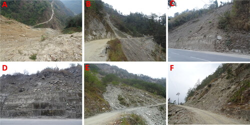 Figure 2. Some major landslides in the study area surveyed during the field visit. A) Som landslide; B) Bojeck landslide; C) Pipaley landslide; D) Kamling landslide; E) Ridang landslide; F) Gerethang landslide.