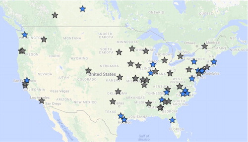 Fig. 1 Location of known academic One Health training, research, and outreach programs in North America as of August 2016. Blue stars denote universities that offer formal One Health, academic credit-earning programs, including Undergraduate majors/minors as well as Certificate, Masters, or PhD programs. Gray stars denote universities with no academic credit-earning program but with other significant One Health training, research, or outreach activities.