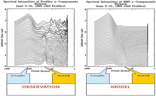 Figure 10. Comparison of spectral wind energy between observed wind profiler data and MM5 model spectra for Nashville 1995 simulations (see Gupta et al. (Citation1997) for a description). The MM5 model was run by EPA and is different from the one-dimensional model used in Gupta 1997. The individual lines show the spectral intensities at a given height. Constants are added to the energy spectra amplitude at successive heights to separate them on the graph. The corresponding height of a spectrum can be read from the left axis. Note that model spectra on the left does a good job of replicating the synoptic scale energy (4–5 day or 96 to 120-h wave period) compared to the profiler observed on the right. As expected the synoptic spectral energy increases with height as synoptic waves have larger amplitude higher in the troposphere. But the model underestimates the diurnal/inertial period energy at the 24-h wave period compared to observations. As noted, this may be due to the nudging above the nocturnal boundary layer which is damping the diurnal/inertial energy. The noise above 2–3 km in the observation may be measurement error.