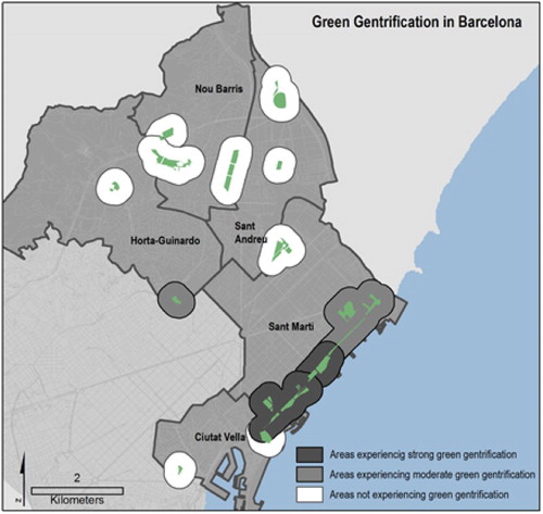 Figure 1 Areas where strong, moderate, and no green gentrification seem to be occurring in Barcelona.