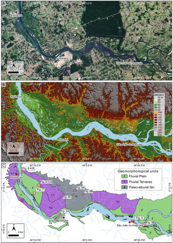 Figure 2. Geomorphological aspects of the middle Tocantins River: (A) Landsat-8 image true-color (September 2018); (B) MERIT digital elevation model; (C) Main landforms mapped that represents the relief/molding categorical levels.