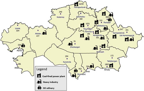 Figure 1. Map with cities, population numbers (in thousands), location of heavy industries and coal power plants