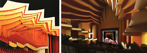 Figure 10. Comparison between Utzon’s 1966 design for the Major Hall (L) and the Opera Theatre proposal of 2005 (R). Image of Opera Theatre proposal used with permission by Utzon Architects and JPW – Architects in Collaboration. Used under Fair Dealing Provision for Criticism and Review.