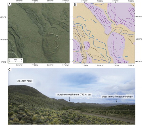 Figure 5. (A) Satellite image (DigitalGlobe 2015; ESRI™) and (B) mapped moraine ridges and outwash deposits from the northern margin of the LGC-BA lobe. Outwash occurs within narrow meltwater channels incised through moraines (left of image) or as broader lateral corridors between moraine sequences (centre left of image). Moraines are locally dissected by former meltwater streams (right of image) which feed into broad sandur plains. (C) View across latero-frontal moraine arc east of Puerto Ibañez with higher elevation (older) moraine sequence in distance (right of image).