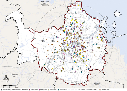 Figure 20. Mapping of Brisbane’s hilltops and 1945–1979 religious buildings (Daunt 2020, with the base image from BCC City plan 2014 pd online mapping, accessed July 20, 2018; hilltop locates from QTOPO, accessed July 21, 2018; church building locations from “Queensland dataset”).