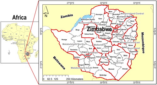 Figure 1. Location of Zimbabwe in Southern Africa, and the respective districts.