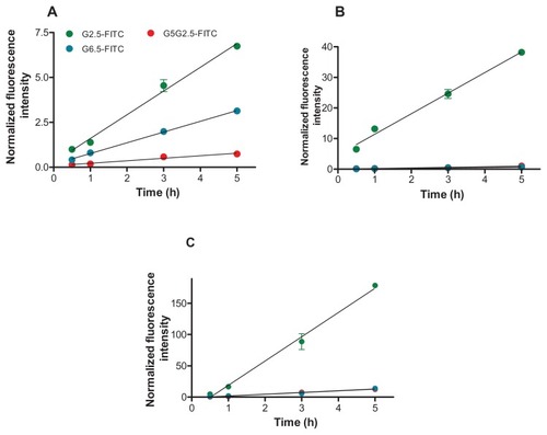 Figure 5 Uptake of G2.5-fluorescein isothiocyanate (FITC), G6.5-FITC, and G5G2.5-FITC by HaCaT (A), Caco-2 (B), and SK-Mel-28 cells (C) at 37°C as a function of time.