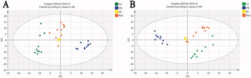 Figure 3. The scores of principal component analysis: (A) Positive ion mode; (B) Negative ion mode (model parameters-A: R2X = 0.696, Q2 = 0.525; B: R2X = 0.724, Q2 = 0.643).