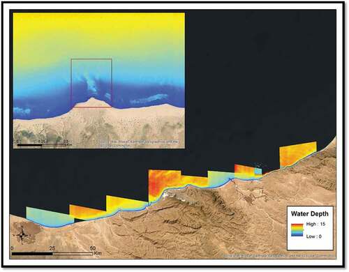 Figure 7. Bathymetry mapped across the study area with inset indicating a narrow region of deeper water (yellow and teal) close to shore.