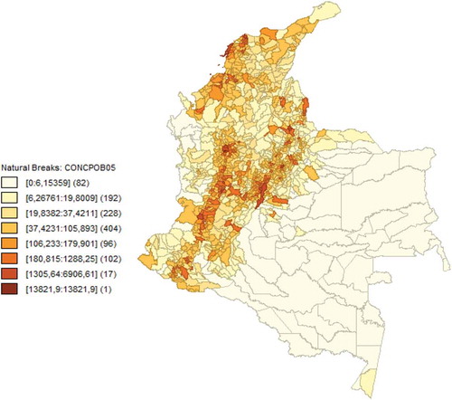 Map 3. Population concentration at a municipal level in Colombia. Year 2005