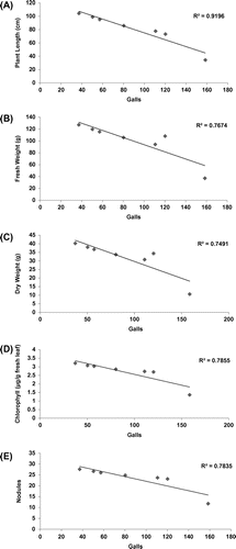 Figure 2. Regression analysis (plot) between galls vs. (A) plant length, (B) fresh weight (C), dry weight, (D) chlorophyll, and (E) nodules of chickpea, Cicer arietinum.