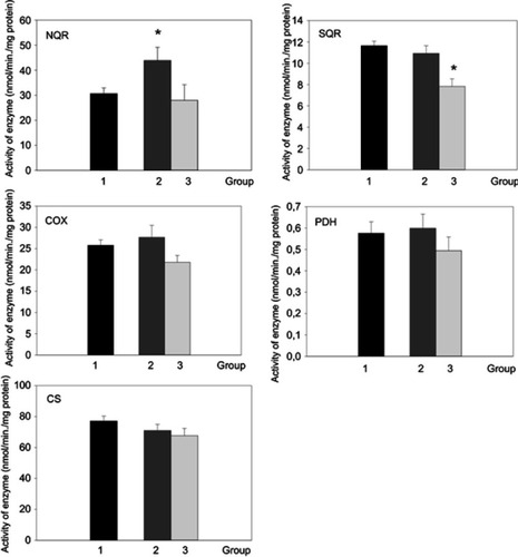 Figure 3 Activity of respiratory chain complexes, pyruvate dehydrogenase and citrate synthase in blood cells of control group (1, black bar), patients with active Cushing’s syndrome (2, dark gray bar) and Cushing’s syndrome after successful treatment (3, light gray bar). *p<0.05 vs control group.