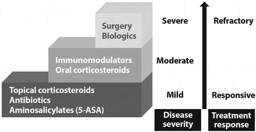 Figure 1. Step-up treatment choices for inflammatory bowel disease based on disease severity, patient responsiveness and drug toxicity [Citation7].