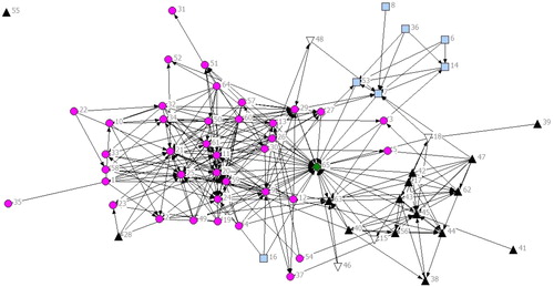 Figure 1. Network analysis of review literature. Green Diamond (in the center) = Edström and Galbraith (Citation1977). Black up-triangles = ROI literature. Pink circles = Subsidiary Performance literature. Blue squares = CEO/TMT literature. White down-triangles = Other literature. Numbers correlate with the list of articles in Appendix.