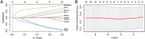 Figure 3 Risk model for patients with hepatocellular carcinoma based on 10 key node genes. (A). LASSO coefficient profiles of 10 protein-coding genes. (B) LASSO regression with tenfold cross-validation obtained six prognostic genes using the minimum lambda value.