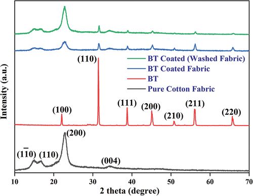 Figure 2. XRD plots of the pure and modified cotton fabrics.