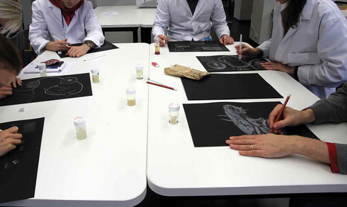 Figure 5. Scientists, designers and artists experiencing biomaterials drawing together in a workshop by Margherita Pevere. Photo by Margherita Pevere