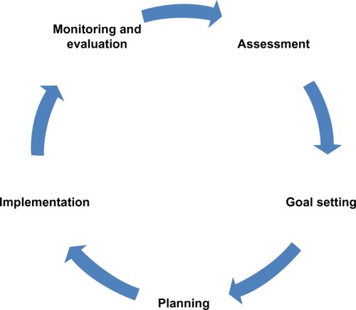 Figure 1 Steps in the process of diabetes self-management education reflect a cyclical and ongoing process.