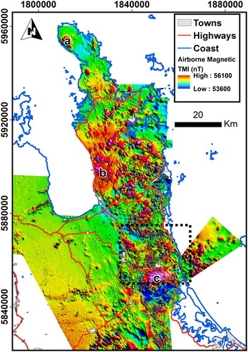 Figure 3. Airborne magnetic map of the Hauraki Goldfield and the Hauraki Plains. Shading is from the northeast. The total magnetic intensity (TMI) has been scaled using histogram equalisation between the minimum and maximum values indicated on the colour bar. The dashed outline shows the extent of the areas presented in Figure 4. Annotations a, b, and c are discussed in the text.