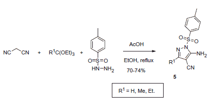 Scheme 2. Synthesis of N-tosyl-substituted aminocyanopyrazoles 5.