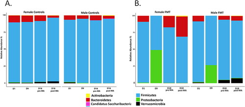 Figure 7. Figure showing relative abundance (%) based stacked bar plot of the bacterial phyla (>0.1%) in (a) control and (b) FMT groups for both male and female groups at 4 different timepoints.