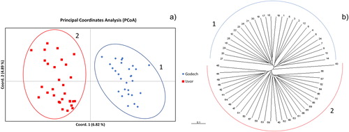 Figure 3. Principal Coordinates Analysis (PCoA) (a) and UPGMA clustering of Jaccard indices (b) of samples from the two analysed populations. Blue diamonds indicate samples from population Godech; red squares indicate samples from population Izvor. Ellipses and semicircles marked with 1 and 2 indicate clusters of samples belonging to population Godech and Izvor, respectively.