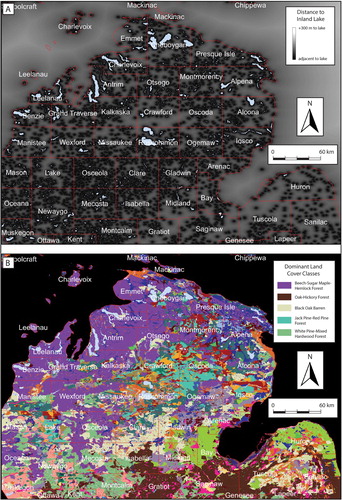 Figure 5. Geospatial inputs of the two variables that emerged as most significant in the MaxEnt modeling of cache pit probability, respectively, (A) Distance to Inland Lake and (B) Dominant Landcover Classes ca. 1800.