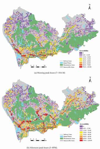 Figure 5. Accessibility maps of weekday peak-hours. Zero accessibility was caused by lack of SCD records or areas having no trips toward popular GOCs