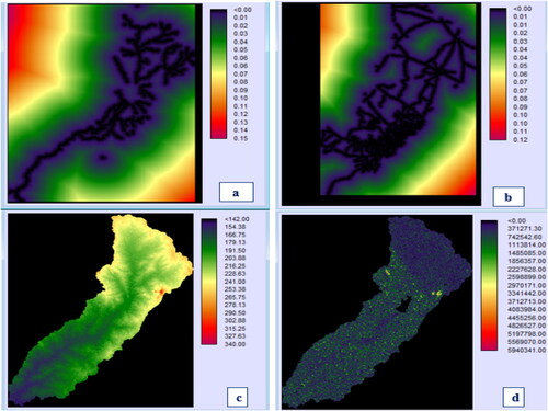 Figure 3. The suitability maps and input data: Distance from river (a), distance from road (b), DEM (c), and slope (d), are the input data. Source: NASA Shuttle Radar Topography Mission (SRTM) (2013). Shuttle Radar Topography Mission Global. Distributed by Open Topography. https://doi.org/10.5069/G9445JDF.