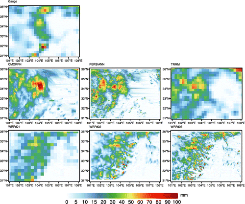 Figure 2. Accumulated rainfall of domain 03 in Figure 1 from 0000 UTC 6 August 2010 to 2300 UTC 9 August 2010 for each rainfall product at their original spatial resolutions.