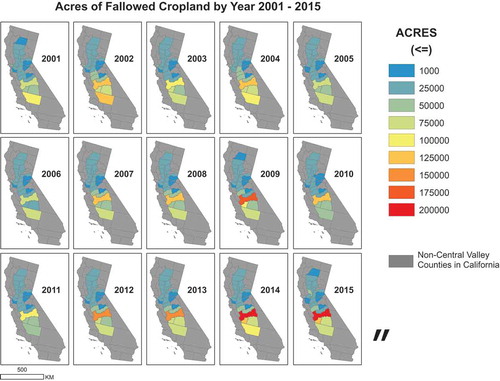 Figure 15. FANTA model results by county: acres of fallowed crop land for row crops, 2001–2015.