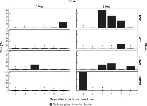 Figure 14 Salivary gland infection barrier (SIB) rates. No significant differences were found either between dose groups, or between strains. Asterisks mark time points where rates could not be estimated due to the absence of individuals with disseminated infections.