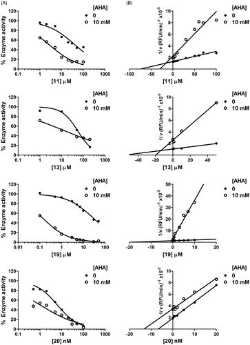 Figure 3. AHA increases inhibitory potency of compounds 11, 13 and 19 on MMP-2. Dose-response (A) and Yonetani–Theorell plots (B) for MMP-2 inhibition by compounds 11, 13, 19 and 20 in the absence and presence of a fixed concentration (10 mM) of AHA. In A, residual activity refers to the uninhibited enzyme.