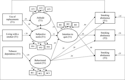 Figure 1. Structural equation model.Note. Only significant paths are presented; Estimates are standardized regression coefficients.