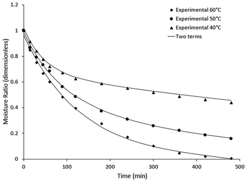 Figure 2. Comparison of experimental data with the predictive moisture ratio data from the two-terms model.