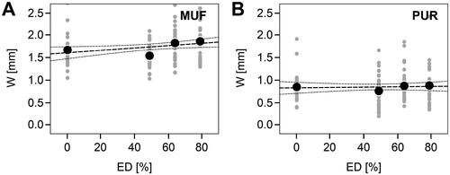 Figure 4. Average shear strain distribution perpendicular to the bond line (y-axis; 0 mm < x < 10 mm). The full width at half maximum W from pseudo-Voigt fitting (EquationEquation (3)(3) γy,t=γ¯blt1−se−ln22yW2 +s1+2yW2 (3) ) to strain distributions in the LVE regime of the individual specimens (τ≤τe) for specimens bonded with MUF (A) and PUR (B). Gray dots indicate individual results, the black dots indicate the average result. The black dashed lines indicate the linear regression estimate and the confidence band (α = 0.05).