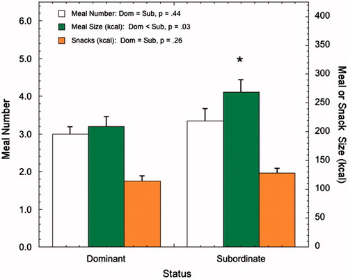 Figure 7. Comparison of average (± SEM) meal size (kcal), meal number and calories from snacks for dominant and subordinate female rhesus monkeys maintained in a dietary environment where both a low caloric (LCD) and high caloric diet (HCD) are available. Redrawn from Moore et al. (Citation2013).