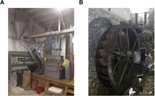 Figure 3. Mill employed by the Sponcio group. (A) Electric mill and (B) old watermill of Villa Bruna village in the Feltre municipality, Belluno.