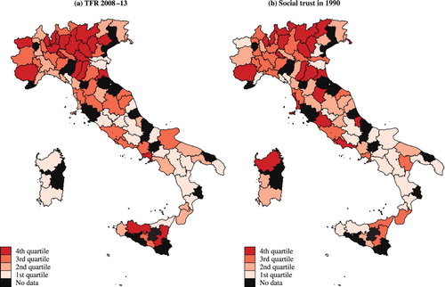 Figure 4 Geographical distribution of TFR and generalized social trust across Italian provincesNotes: The map shows in panel (a) the quartile of the distribution of the average TFR at the provincial level during the period 2008–13 while in panel (b) the quartile of the distribution of trust at the provincial level in 1990. The more intense the shading colour of a province, the higher the quartile it belongs to. Provinces where data about generalized social trust are unavailable are coloured black in the maps. Source: As for Figure 3.
